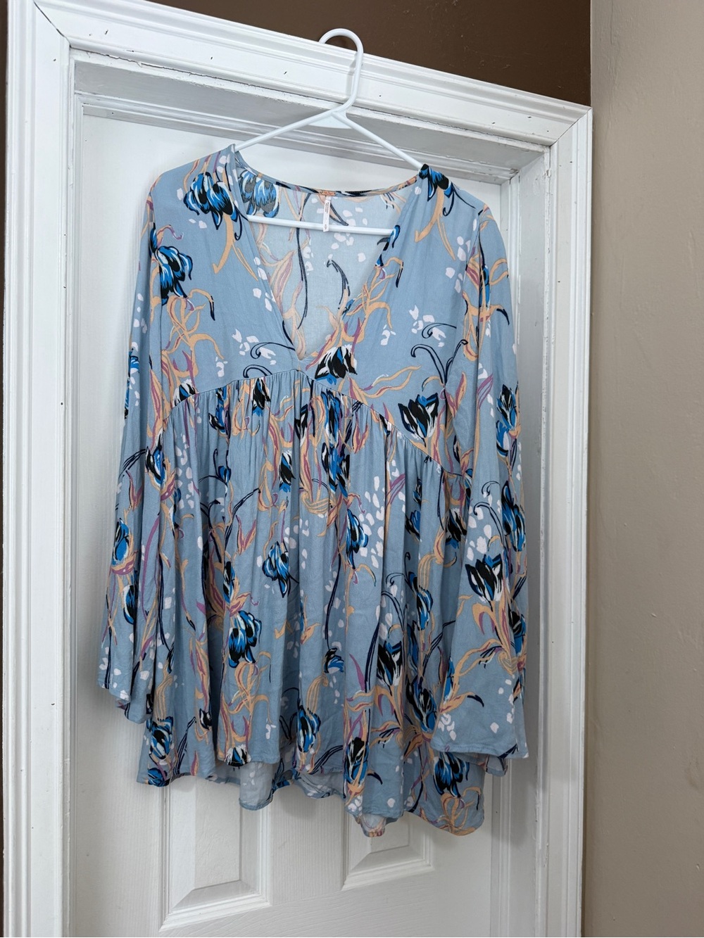 Free People Light Blue Floral V-Neck Babydoll Blouse